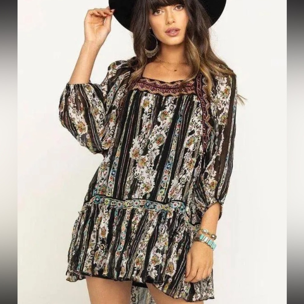 Free People Dance Magic Black and Multicolor Embroidered Top